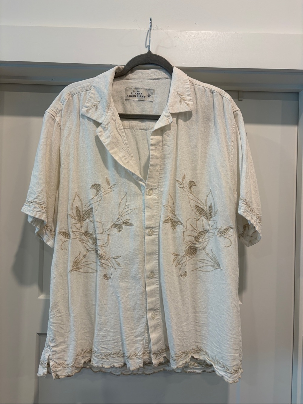 Abercrombie & Fitch Casual Cream Floral Embroidered Short-Sleeve Linen Shirt